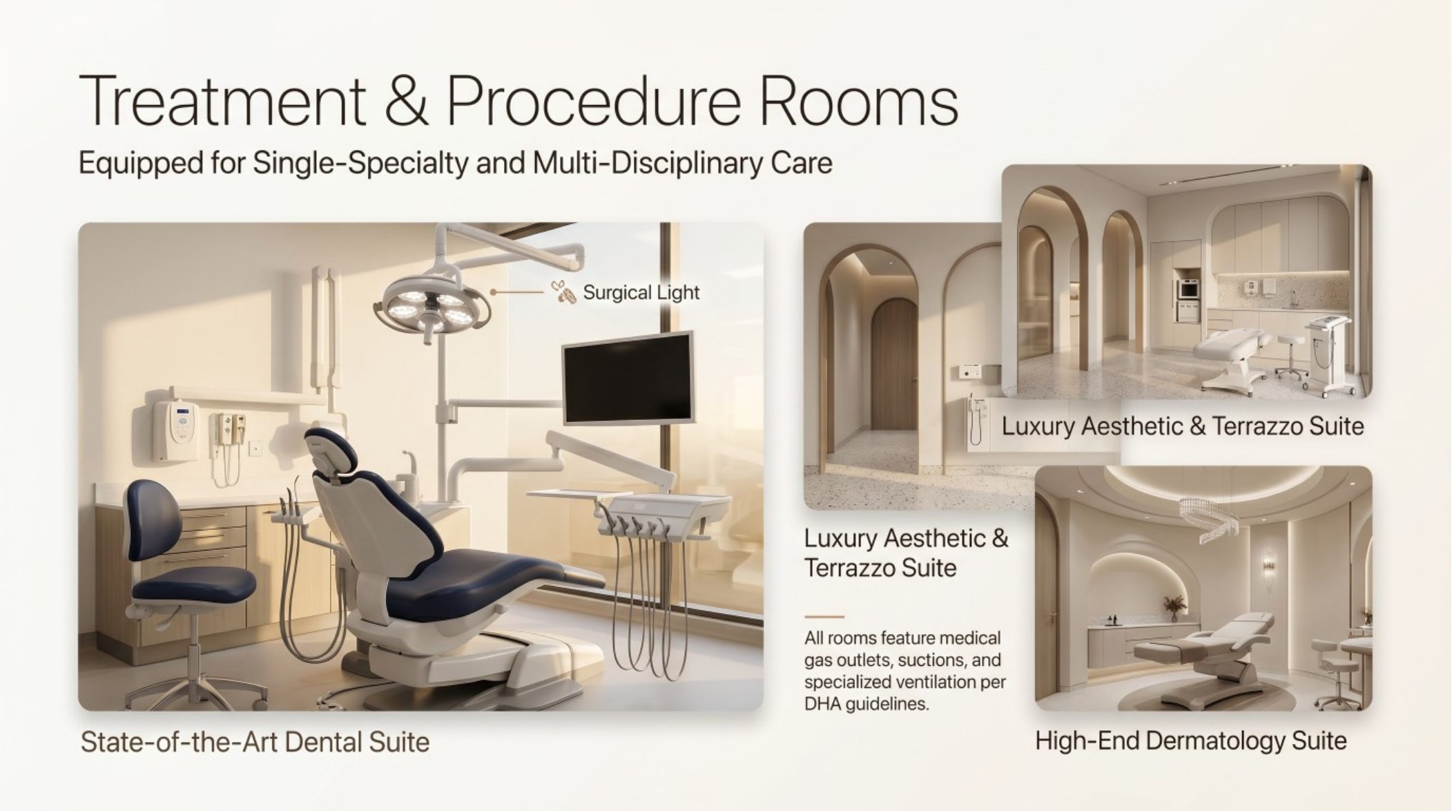 Dental clinic interior design – ergonomic operatories with Dubai skyline views